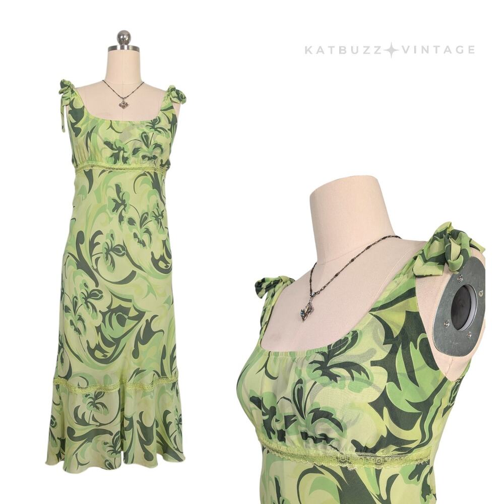 Vintage Maxi Dress L Green Babydoll Y2K Empire Floral Ruffle Lace Sleeveless